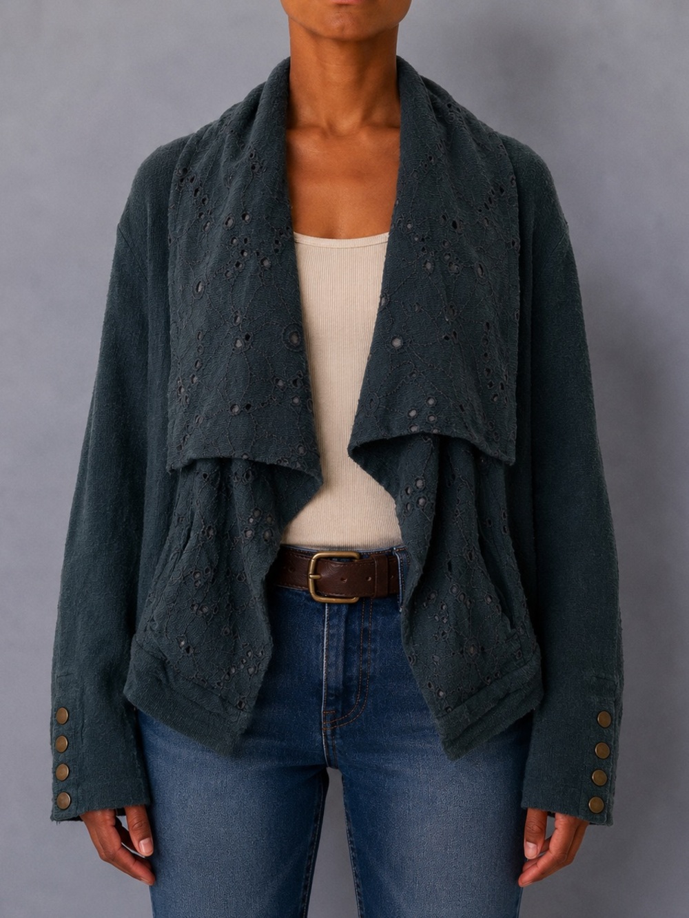 RARE BIYA Johnny Was Dark Teal Eyelet Draped Cardigan Jacket Size S $528 Retail